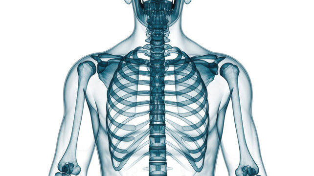 Human skeleton with ribcage and spine visible bones isolated on a transparent background