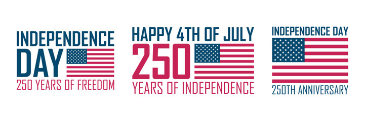 250th anniversary celebration set. Independence Day festive graphic design with national flag of the United States. 4th of July collection. Vector illustration.