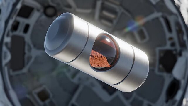 Martian Soil Sample Tube Floating in Zero-G with Titanium Finish