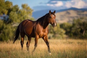 Fototapeta premium Calm horse strolling across lush pasture with warm light