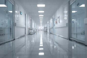 Calm modern hospital corridor in a 3D illustration with patient rooms and clean clinical lighting