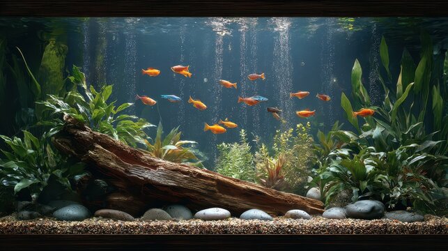 Calm freshwater tank featuring diverse fish species among lush plants and natural decor