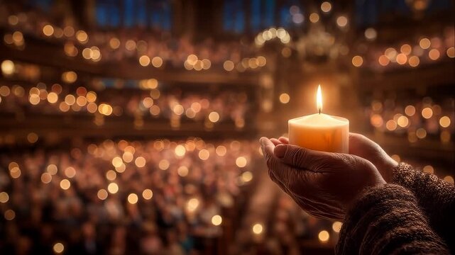 Person holds lit candle in hands surrounded by crowd in dark hall. Warm light brightens faces in soft glow. Concept of gatherings, celebrations, events