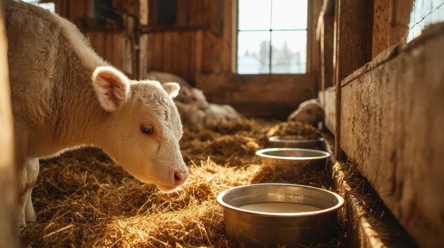 Dairy calf drinking milk from a bowl in a sunlit stable on a farm