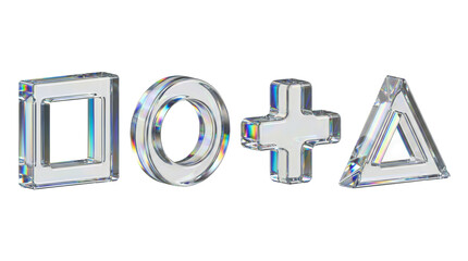 Set of geometric PlayStation symbols in crystal glass style with iridescent prismatic reflections.