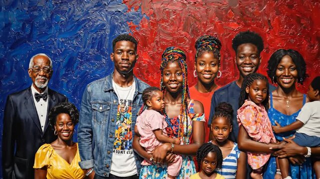 A painting of a group of people with a blue background and a red background video