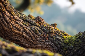 Fototapeta premium Detailed oak branch displaying intricate bark patterns in natural woodland