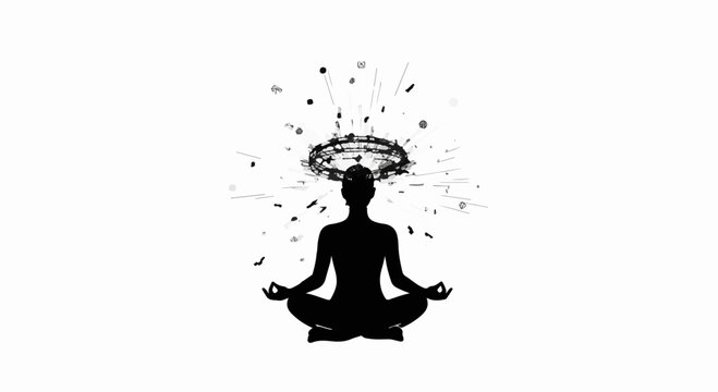 Silhouette of person meditating with glowing halo and scattered particles symbolizing thoughts and ideas
