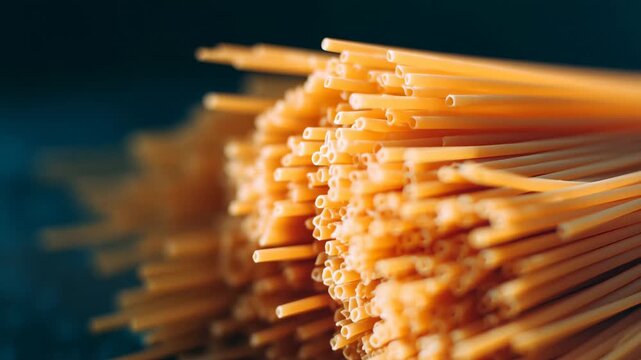 A close-up of a tangled pile of spaghetti noodles, showcasing their long, thin, and golden strands.