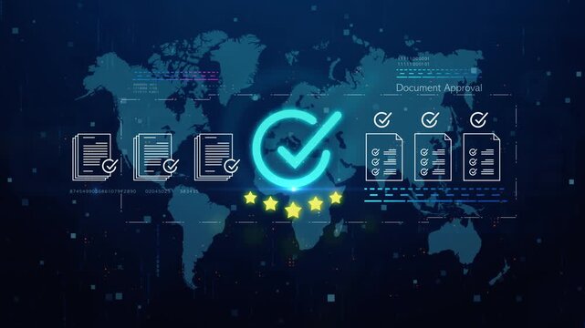 Digital document approval system with check marks and global network background, representing data verification, compliance, and secure workflow. Business and technology background