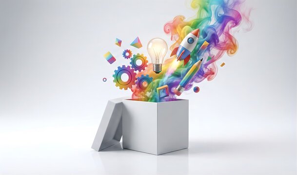 開いた白い箱からカラフルな電球やロケットやアイデアが飛び出す、Thinking Outside the Boxの3Dイラスト