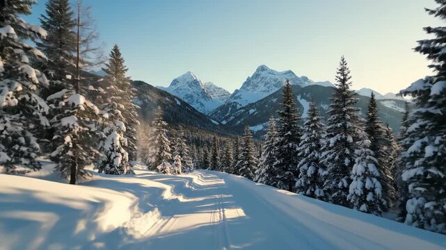 Snow-covered road leading to majestic snow-capped mountains surrounded by pine forests, creating a serene winter landscape. video