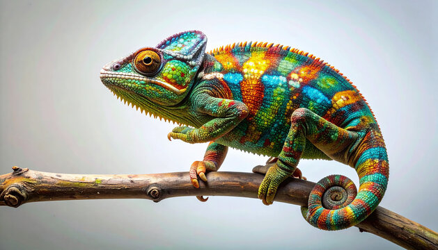 Colorful chameleon perched on a branch, isolated on white background, vibrant reptile with detailed textured skin.