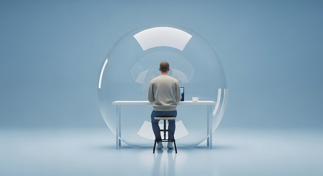 Man working remotely inside protective glass sphere isolation | Concept image of social distancing and digital workspace bubble | Symbolic representation of self-isolation during pandemic work