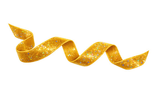Golden glitter swirling ribbon creating a sparkling festive luxury background element on transparent background