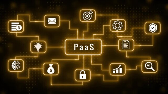 A digital diagram illustrating Platform as a Service Paa S with interconnected representing finance idea generation email security business growth AI and data management on a dark background with