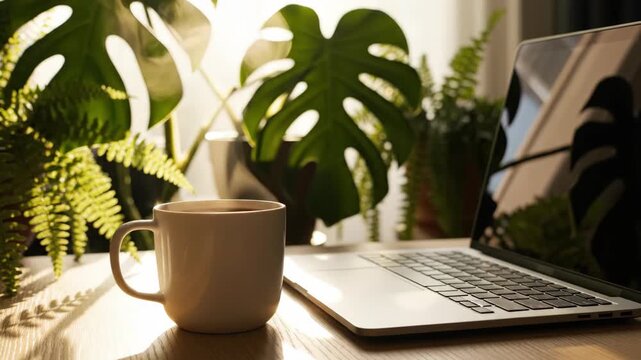 The start of a productive day with a laptop open next to a steaming coffee mug, set against a backdrop of lush indoor plants in a bright workspace. video