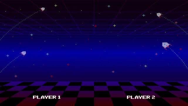 START GAME. Retro Futurism Sci-Fi Background. glowing neon grid and star from vintage arcade computer games