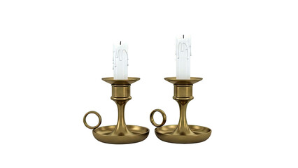 Two Brass Candlesticks with Dripped White Candles