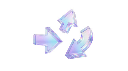 Set of arrow icons in iridescent glass style with holographic textures and 3d geometric forms