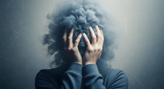 Conceptual image representing anxiety and depression with dark fog | Person hiding face in hands overwhelmed by stress | Mental health struggle with smoke covering face concept art | Grungy cinematic 