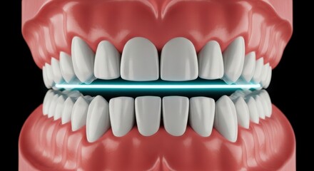 Obraz premium Advanced Dental Precision: 3D Model of Perfect White Teeth and Gums with Glowing Blue Alignment Line for Modern Oral Health Technology.