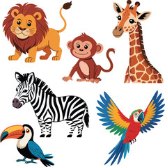 Obraz premium Cute cartoon safari animals collection with lion, monkey, giraffe, zebra, toucan, and parrot, isolated on white background for children education,