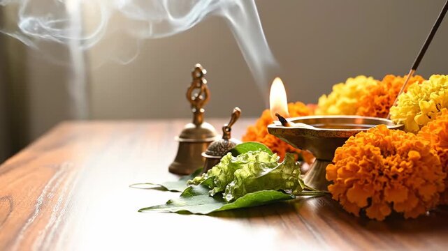Traditional Indian Puja Altar With Lit Diya Incense Stick Gilded Bell And Marigold Flower Garlands On A Wooden Table With Wisps Of Smoke Ascending In Soft Natural Light