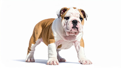 Fototapeta premium Cute bulldog puppy standing isolated on white background, adorable pet portrait with copy space.