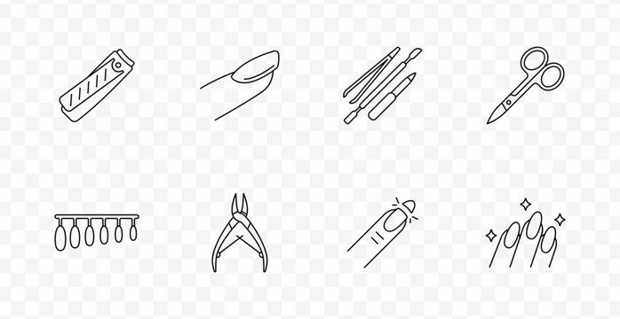 Nail care set icon. Line icons showing clipper, nail, grooming tools, scissors, polish rack, cuticle cutter, shining nail, and styled nails with sparkles