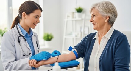 Fototapeta premium Doctor Drawing Blood from Smiling Senior Patient in Clinic for Routine Health Checkup and Positive Diagnostic Experience.