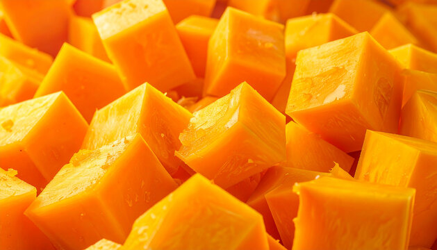 Close-up of diced orange squash cubes, fresh and vibrant, perfect for healthy food, cooking, and diet concepts.