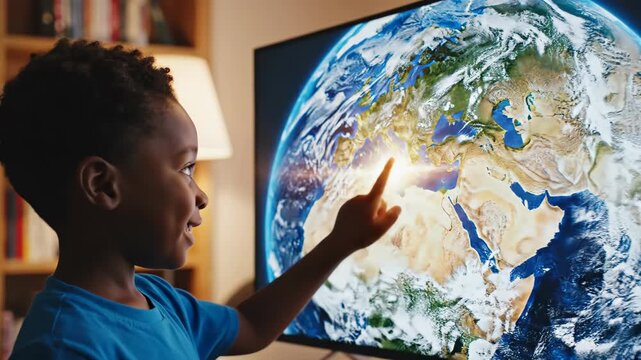 A young child is reaching out to touch a globe on a screen. Concept of wonder and curiosity as the child explores the world through the digital medium video