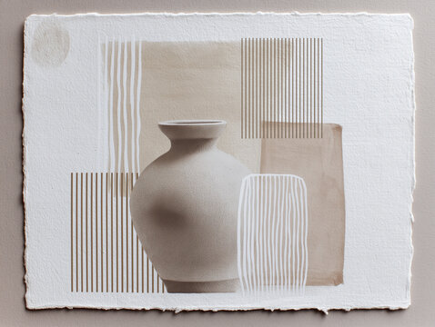 Minimalist Abstract Still Life With Decorative Vases: Modern Composition Featuring Ceramic And Clay Vessels With Stylized Leaves And Organic Shapes In Soft Neutral Tones