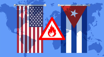 Vector political banner. Vertical flags of United States of America and Republic of Cuba. Red and white triangle. Highly flammable. Global blue world map. American and Cuban