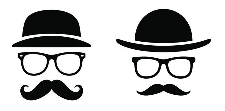 Man and gentleman vector icon set with mustache and hat variations, including bowler, fedora, and formal accessories, suitable for vintage illustrations, character design, branding, and vector graphic