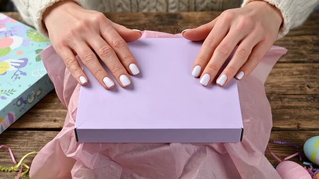Hands lift lid of gift box revealing chocolate eggs and packing material. Clean wooden table setting shows colorful decorations. Concept of gift shops, candy stores, parties