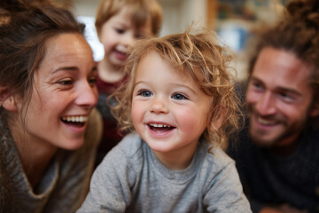 Obraz premium Happy multi-generational family laughing together indoors warm cozy home setting
