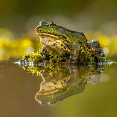 A vibrant close-up of a frog perched on moss, its reflection mirrored in calm water, evoking nature's tranquility