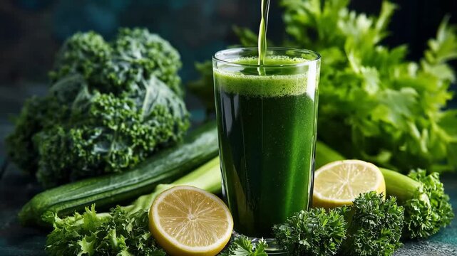 A glass of green juice beside a colorful assortment of fresh vegetables on a wooden table.