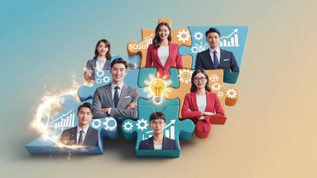 Business team illustrated as puzzle pieces, metaphorically holding solutions and working in unison, against a soft-colored background. video