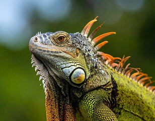 A vibrant close-up of a green and textured reptile, with spiky dorsal crests and detailed scales, set against a blurred green backdrop