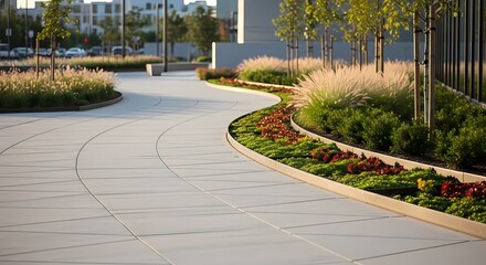 Curved concrete sidewalk with clean modern design and greenery, representing urban landscaping and pedestrian infrastructure.