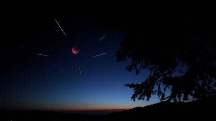 Fototapeta premium Blue hour time with lunar eclipse, stars and planets above landscape silhouettes.