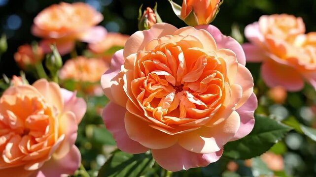 Close Up Peach Garden Roses Blooming In Sunlight.