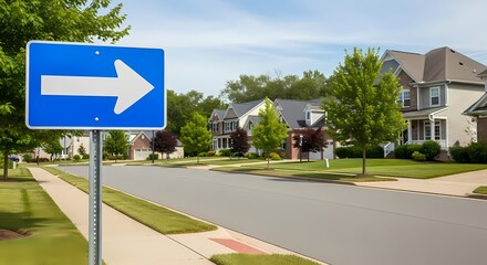 Traffic direction sign indicating a right turn on a quiet residential street, symbolizing road safety and urban navigation.