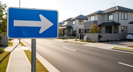 Traffic direction sign indicating a right turn on a quiet residential street, symbolizing road safety and urban navigation.