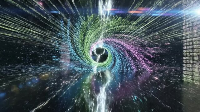 A digital art piece depicting a tunnel of binary code, a swirling vortex, and light flares