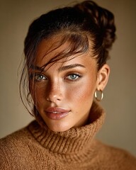 Young woman with natural freckles gazing directly
