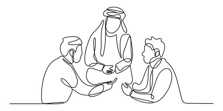 Continuous line drawing of three people having a serious conversation or discussion Vector, illustration